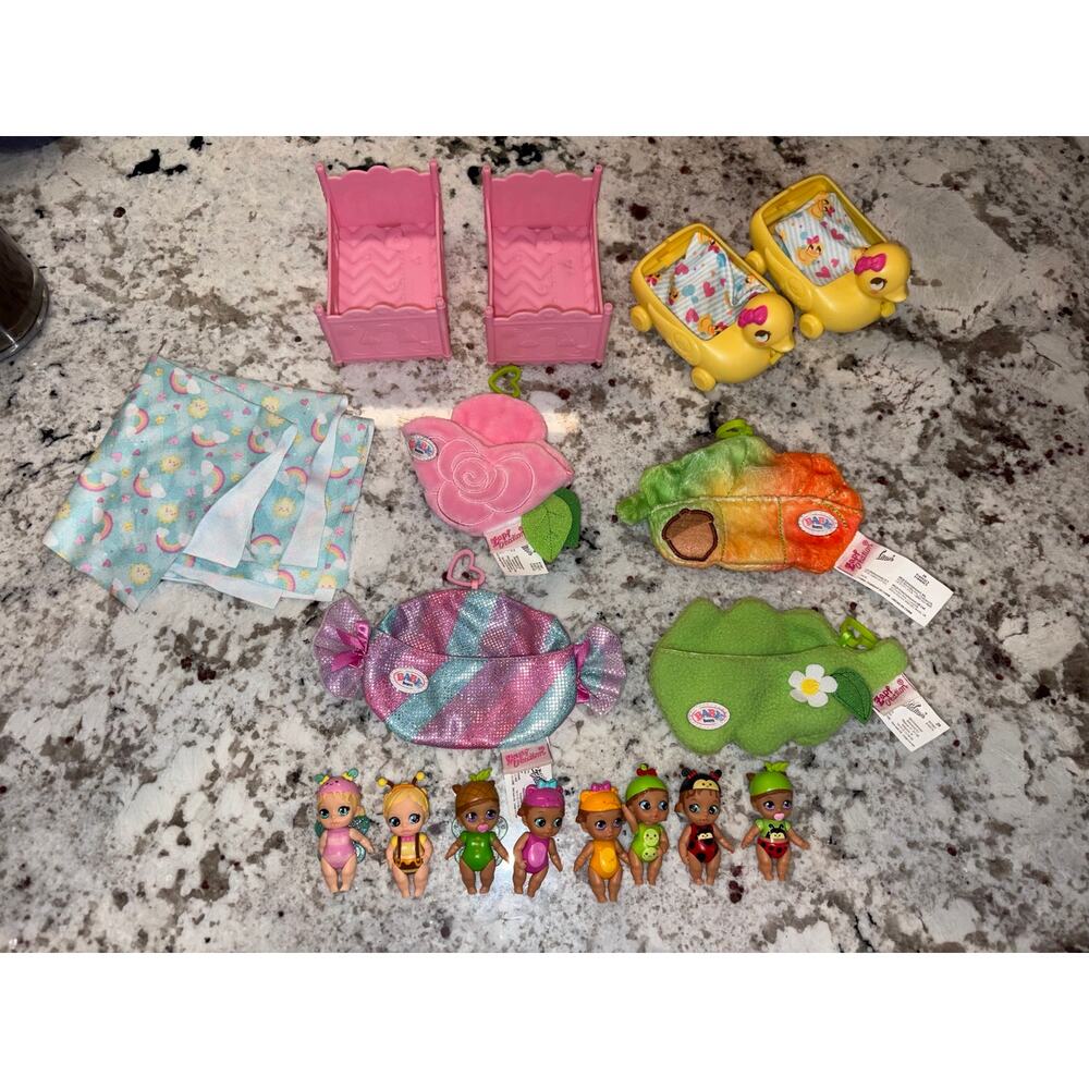 Lot of 8 Baby Born Mini Dolls + 2 Cribs, 2 Strollers & Accessories